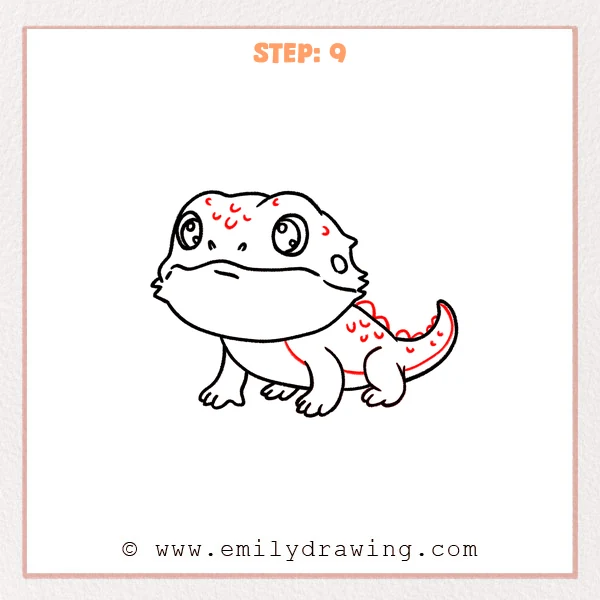 how to draw a bearded dragon - Step 9: Spines and small texture marks are added to finish the bearded dragon drawing.